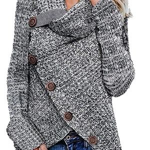 Women's Cowl Neck Sweater Long Sleeve Casual Button Asymmetric Hem